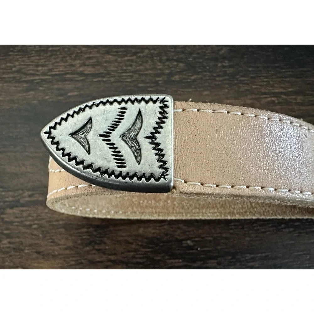 Vintage Western Genuine Leather Belt Tan Engraved Buckle Tip‎ Keeper 34 36 USA